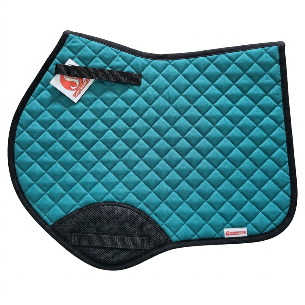 A quilted Eurofit satin saddle pad in black color with velcro straps and reinforced girth patch.